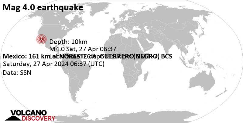 4.0 quake Baja California, 220 km west of Hermosillo, Sonora, Mexico, Apr 26, 2024 11:37 pm (Tijuana time)
