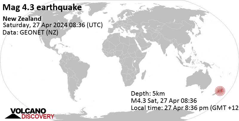 4.3 quake Tasman Sea, 50 km north of Wellington, Wellington, New Zealand, Apr 27, 2024 08:36 pm (Auckland time)