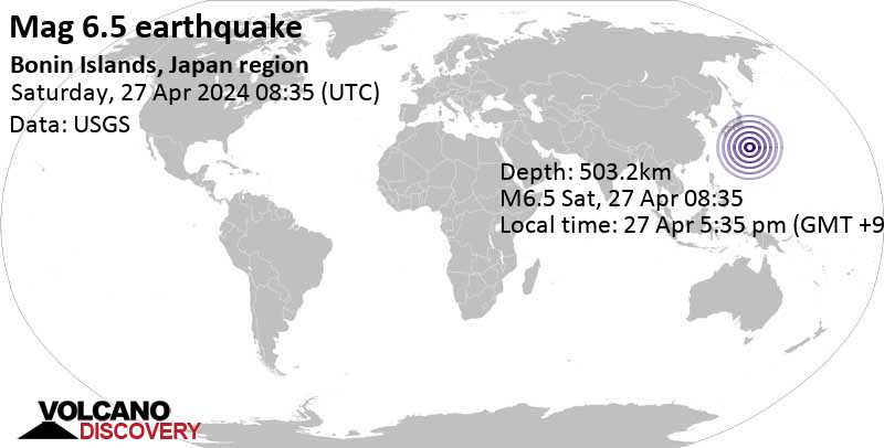 6.5 quake Philippine Sea, 274 km west of Chichijima Island, Japan, Apr 27, 2024 05:35 pm (GMT +9)