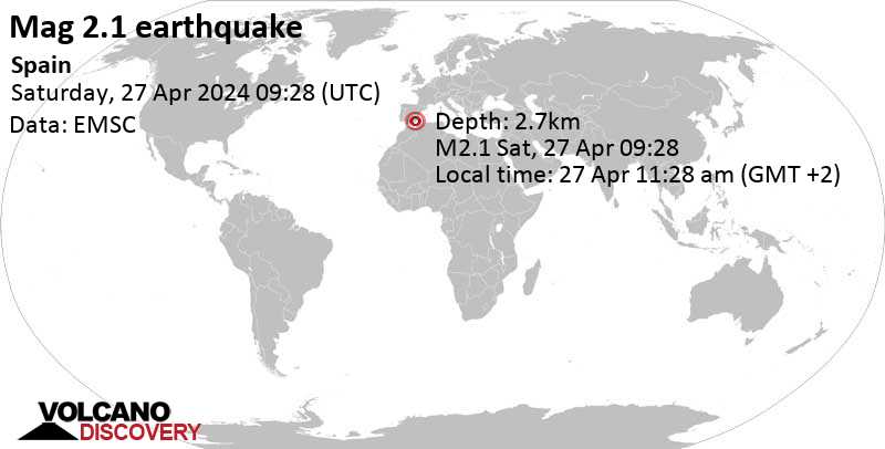 2.1 quake 1.7 km north of Mojacar, Almeria, Andalusia, Spain, Apr 27, 2024 11:28 am (Madrid time)