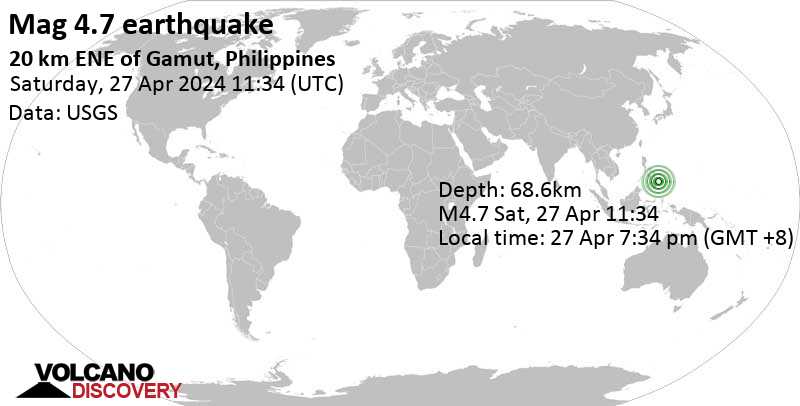 4.7 quake Philippine Sea, 45 km north of Bislig City, Surigao del Sur, Caraga, Philippines, Apr 27, 2024 07:34 pm (Manila time)
