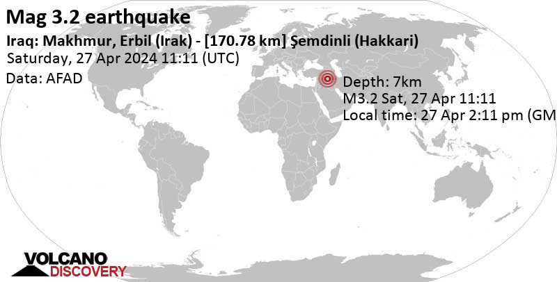 3.2 quake Erbil, 39 km north of AlZwya, Salah ad Din, Iraq, Apr 27, 2024 02:11 pm (Baghdad time)