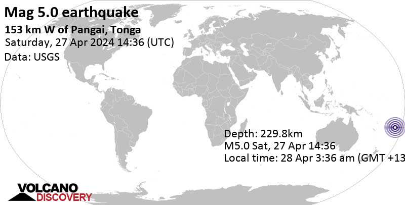 5.0 quake South Pacific Ocean, 78 km west of Tofua Island, Ha`apai, Tonga, Apr 28, 2024 03:36 am (GMT +13)