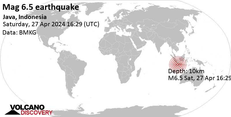 Schweres Erdbeben der Stärke 6.5 - Indischer Ozean, Jawa Barat, 250 km südlich von Jakarta, Jakarta, Indonesien, am Samstag, 27. April 2024, um 23:29 (GMT +7)