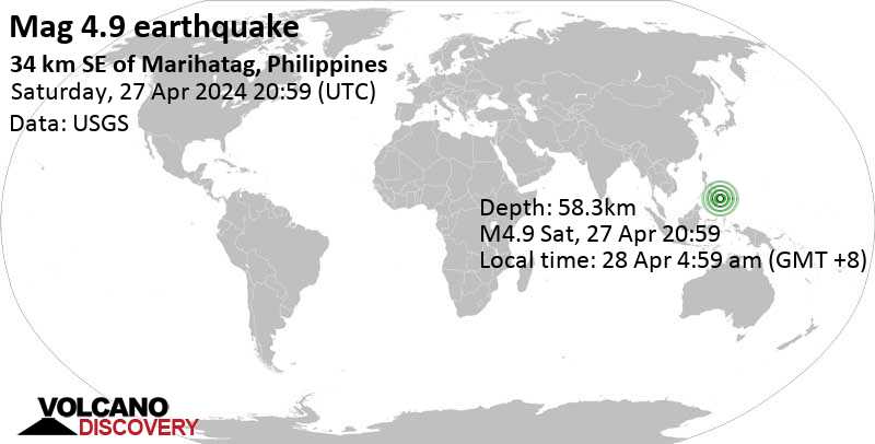 4.9 quake Philippine Sea, 53 km northeast of Bislig City, Philippines, Apr 28, 2024 04:59 am (GMT +8)