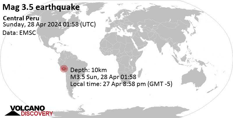 Stärke 3.5 - 9.7 km nördlich von Cusco, Cusco, Peru, 27. Apr. 2024 20:58 (Lima Zeit)