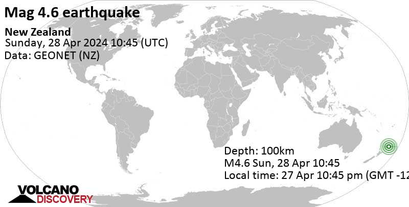 Stärke 4.6 - New Zealand 27. Apr. 2024 22:45 (GMT -12)