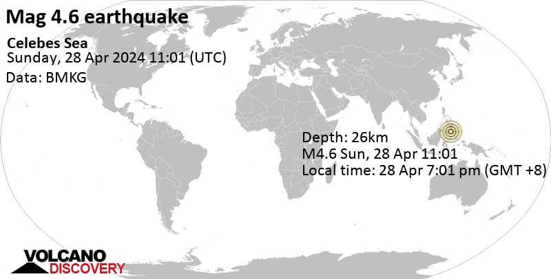 Stärke 4.6 - Celebes Sea, 165 km nordwestlich von Sangihe Besar , Sulawesi Utara, Indonesien, 28. Apr. 2024 19:01 (GMT +8)