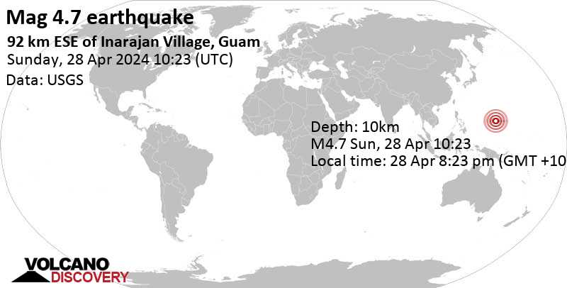 Stärke 4.7 - Nordpazifik, 96 km südöstlich von Dededo Village, Dededo, Guam, 28. Apr. 2024 20:23 (GMT +10)