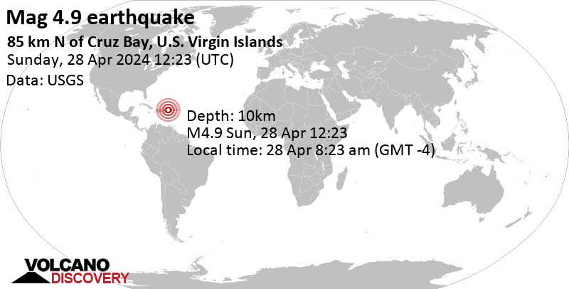 Stärke 4.9 - 85 km N of Cruz Bay, U.S. Virgin Islands, 28. Apr. 2024 08:23 (GMT -4)