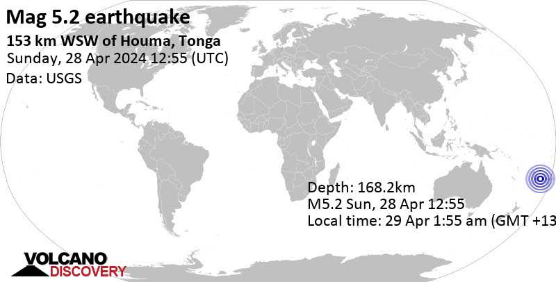 Stärke 5.2 - South Pacific Ocean, 165 km südwestlich von Nuku'alofa, Tongatapu, Tonga, 29. Apr. 2024 01:55 (GMT +13)