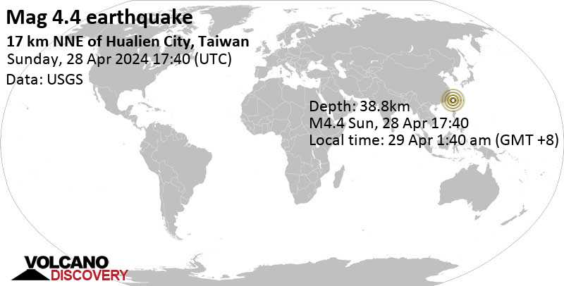 Stärke 4.4 - Philippine Sea, 17 km nordöstlich von Hualien City, Taiwan, 29. Apr. 2024 01:40 (Taipei Zeit)