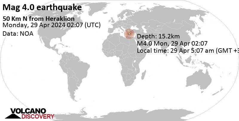 4.0 quake Aegean Sea, 59 km northeast of Heraklion, Heraklion, Crete, Greece, Apr 29, 2024 05:07 am (Athens time)