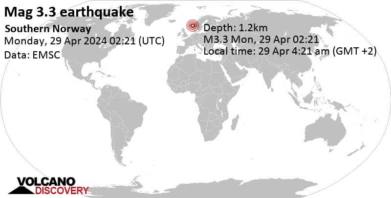 3.3 quake 90 km east of Bergen, Vestland, Norway, Apr 29, 2024 04:21 am (Oslo time)