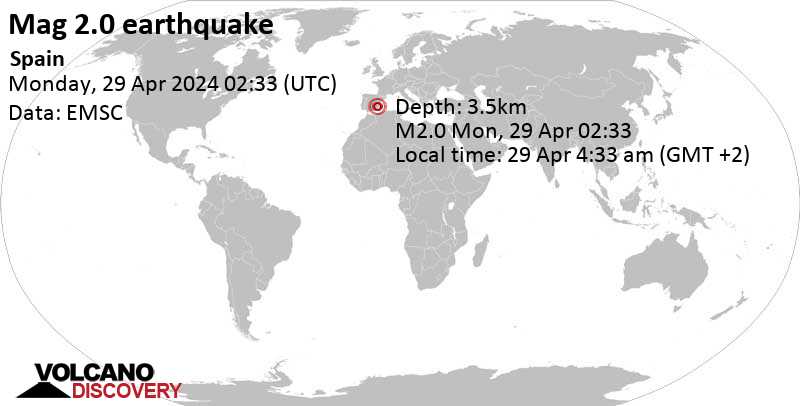 2.0 quake 11 km west of Crevillente, Alicante, Valencia, Spain, Apr 29, 2024 04:33 am (Madrid time)