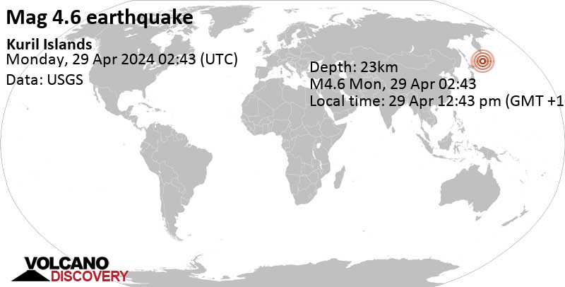 4.6 quake North Pacific Ocean, 128 km southeast of Ketoi Island, Sakhalin , Russia, Apr 29, 2024 12:43 pm (GMT +10)