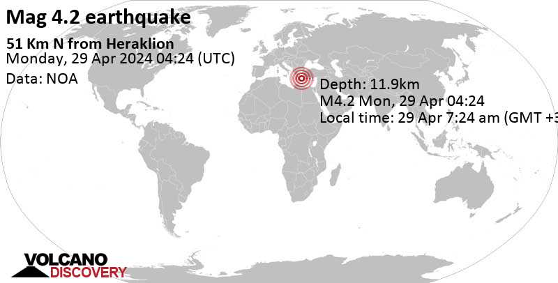 4.2 quake Aegean Sea, 61 km northeast of Heraklion, Heraklion, Crete, Greece, Apr 29, 2024 07:24 am (Athens time)