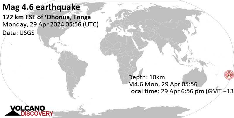 4.6 quake South Pacific Ocean, 118 km east of Middelburg Island, Eua, Tonga, Apr 29, 2024 06:56 pm (GMT +13)