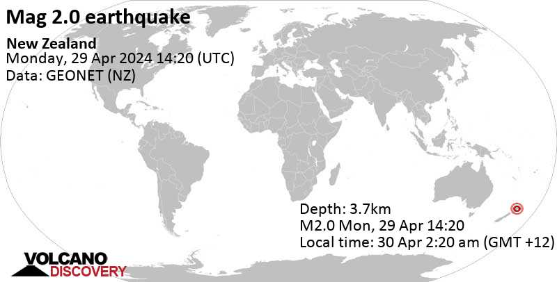 2.0 quake 12 km northeast of Taupo, Waikato, New Zealand, Apr 30, 2024 02:20 am (Auckland time)