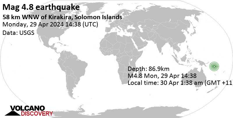 Séisme M 4.8: 59 km au nord-ouest de Kirakira, Makira-Ulawa, Îles Salomon, 30 avril 2024 01:38 (Heure Guadalcanal)