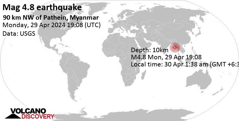 4.8 quake Bay of Bengal, 91 km northwest of Pathein, Ayeyarwady, Myanmar, Apr 30, 2024 01:38 am (GMT +6:30)