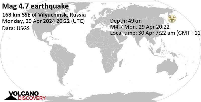 4.7 quake North Pacific Ocean, 179 km south of Petropavlovsk-Kamchatsky, Kamchatka, Russia, Apr 30, 2024 07:22 am (GMT +11)