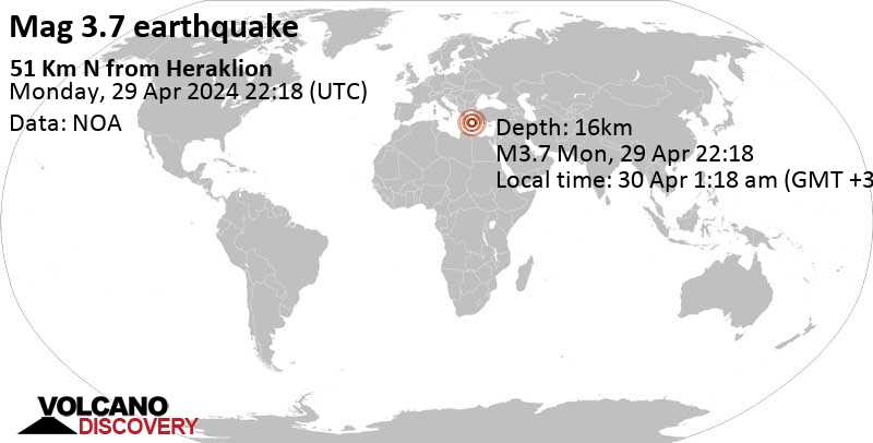 3.7 quake Aegean Sea, 60 km northeast of Heraklion, Heraklion, Crete, Greece, Apr 30, 2024 01:18 am (Athens time)