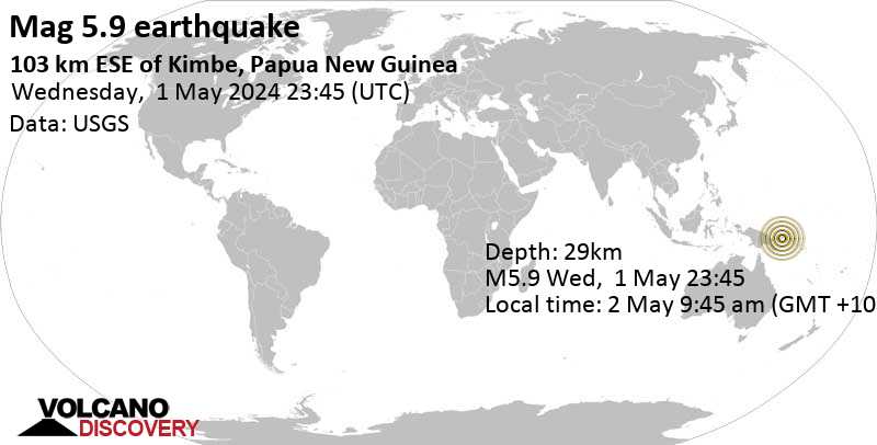 Stärke 5.9 - 212 km südwestlich von Herbertshöhe, East New Britain, Papua-Neuguinea,  2. Mai. 2024 09:45 (Port Moresby Zeit)