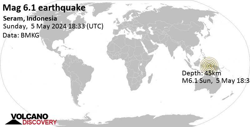 Stärke 6.1 - Ceram Sea, Maluku, 97 km südwestlich von Pulau Tantaruga , Indonesien,  6. Mai. 2024 03:33 (GMT +9)
