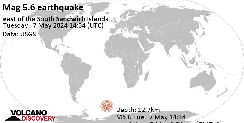 Stärke 5.6 - east of the South Sandwich Islands  7. Mai. 2024 13:34 (GMT -1)