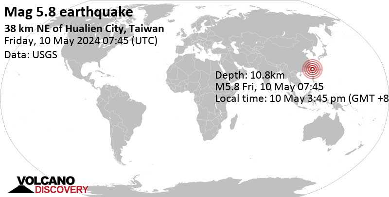 Stärke 5.8 - Philippine Sea, 38 km nordöstlich von Hualien City, Taiwan, 10. Mai. 2024 15:45 (Taipei Zeit)