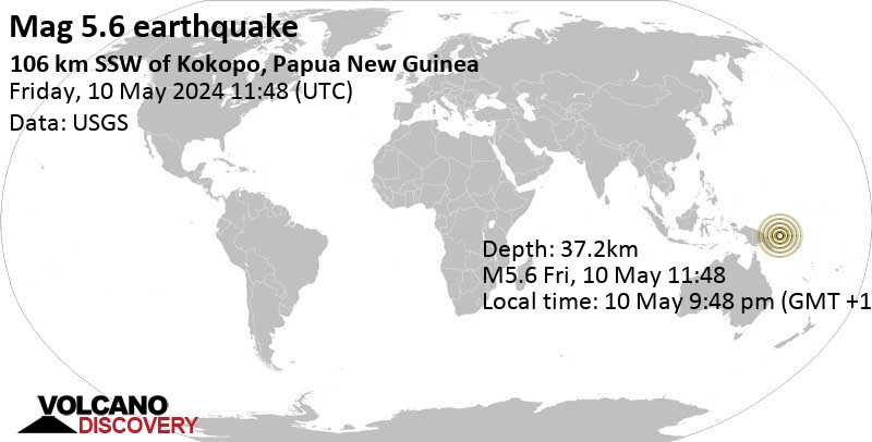 Stärke 5.6 - 107 km südlich von Herbertshöhe, East New Britain, Papua-Neuguinea, 10. Mai. 2024 21:48 (Port Moresby Zeit)