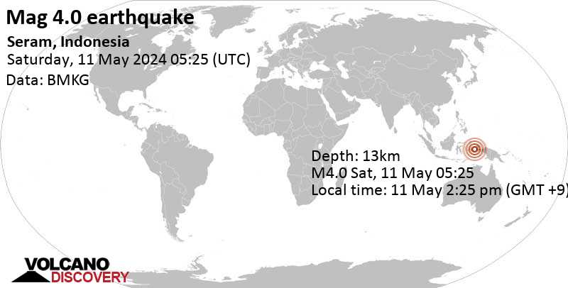 中倍率 4.0 地震 – インドネシア、タンタルガ島南西 94 km、マルクのセラム海、2024 年 5 月 11 日土曜日、午後 2 時 25 分 (GMT +9)