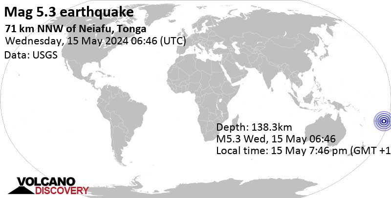 Strong mag. 5.3 Earthquake - 71 km NNW of Neiafu, Tonga, on Wednesday, May 15, 2024, at 07:46 pm (Tongatapu time)