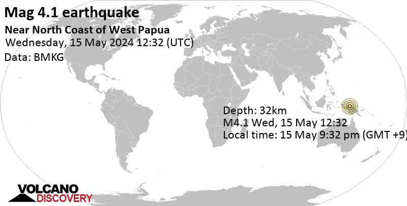 Majalah moderat.  Gempa 4,1 – Kabupaten Sarmi, Papua Selatan, 151 km sebelah barat Jayapura, Indonesia, pada hari Rabu, 15 Mei 2024, pukul 21:32 (waktu Jayapura)