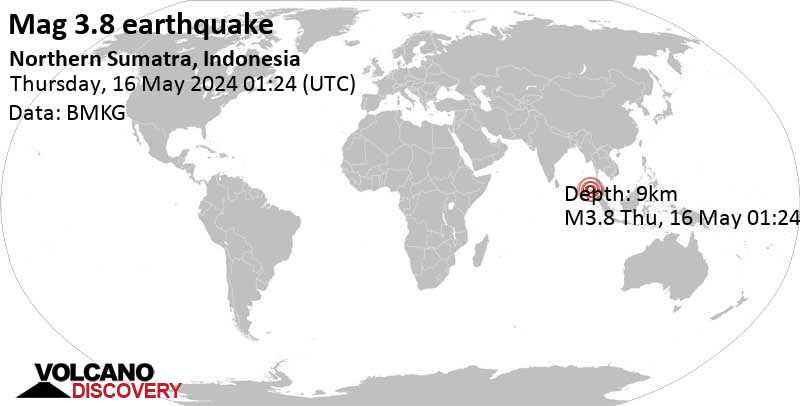 Mag ringan.  Gempa 3,7 – Kabupaten Aceh Besar, 45 km tenggara Banda Aceh, Banda Aceh, Aceh, Indonesia, pada Kamis, 16 Mei 2024, pukul 08:24 (waktu Jakarta)