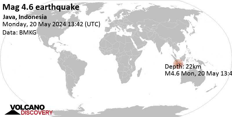 Majalah moderat.  Gempa 4,6 – Samudera Hindia, 79 km selatan Pelabuhanratu, Jawa Barat, Indonesia, pada Senin, 20 Mei 2024, pukul 20:42 (GMT +7)