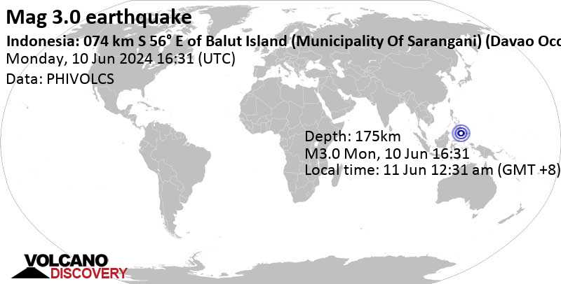 Mag ringan.  Gempa 3,0 – Laut Filipina, Indonesia, pada hari Selasa, 11 Juni 2024, pukul 12:31 (GMT +8)