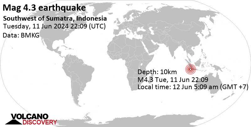 Majalah moderat.  Gempa 4,6 – Barat Daya Sumatera, Indonesia, pada hari Rabu, 12 Juni 2024, pukul 05:09 (GMT +7)