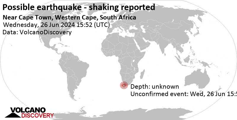 Unconfirmed earthquake or seismic-like event: Near Cape Town, Western Cape, South Africa, Wednesday, Jun 26, 2024, at 05:52 pm (GMT +2)