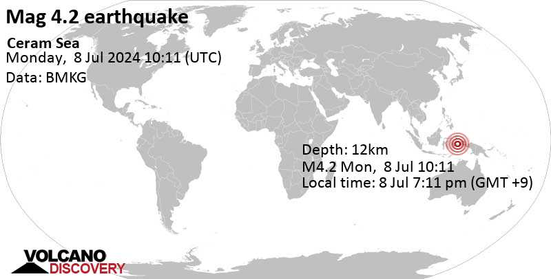 Gempa bumi berkekuatan 4,3 skala sedang – Laut Seram, 97 km utara Amahai, Maluku, Indonesia, pada hari Senin, 8 Juli 2024, pukul 19:11 WIB