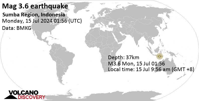 Gempa bumi berkekuatan 3,5 skala Richter – Selat Sumba, 24 km sebelah barat Tambolaka, Indonesia, pada hari Senin, 15 Jul 2024, pukul 09:56 WIB.