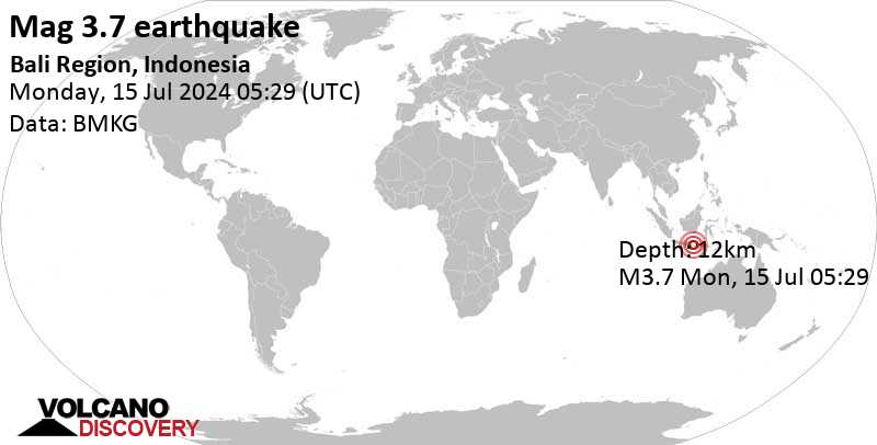 Gempa bumi berkekuatan 3,6 skala Richter – Laut Bali, 25 km barat laut Pulau Bali, Bali, Indonesia, pada hari Senin, 15 Jul 2024, pukul 01:29 WIB.