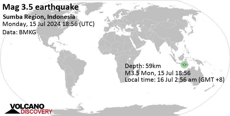 Mag sedang.  Gempa bumi berkekuatan 4,4 skala Richter terjadi di 17 km sebelah barat Tambolaka, Kabupaten Sumba Barat Daya, Nusa Tenggara Timur, Indonesia, pada hari Selasa, 16 Juli 2024, pukul 02:56 WIB.