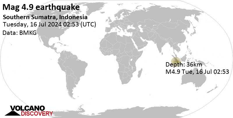 Gempa bumi berkekuatan sedang 4,9 SR – Samudra Hindia, 68 km barat daya Bengkulu, Bengkulu, Indonesia, pada hari Selasa, 16 Jul 2024, pukul 09:53 WIB