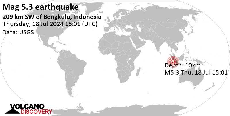 Gempa bumi berkekuatan 5,3 skala Richter – 209 km barat daya Bengkulu, Indonesia, pada hari Kamis, 18 Jul 2024, pukul 22:01 (GMT +7)