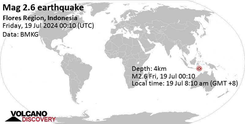 Mag yang lemah.  Gempa 2,7 – Kabupaten Flores Timur, 62 km sebelah timur Maumere, Nusa Tenggara Timur, Indonesia, pada hari Jumat, 19 Juli 2024, pukul 08:10 WIB