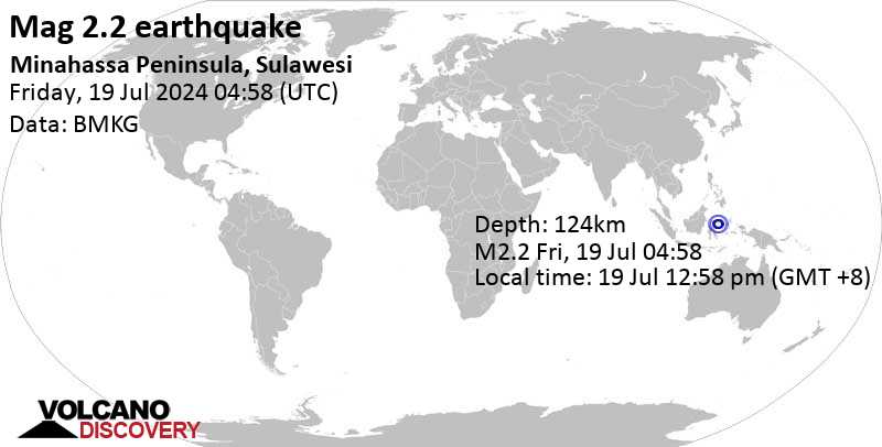 Gempa bumi berkekuatan 2,1 skala Richter – 81 km selatan Gorontalo, Gorontalo, Indonesia, pada hari Jumat, 19 Jul 2024, pukul 12:58 siang (GMT +8)