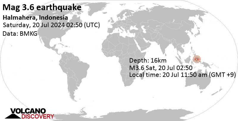 Mag ringan.  Gempa 3,5 – Halmahera Barat, 35 km sebelah barat Tobelo, Indonesia, pada hari Sabtu, 20 Juli 2024, pukul 11.50 WIB