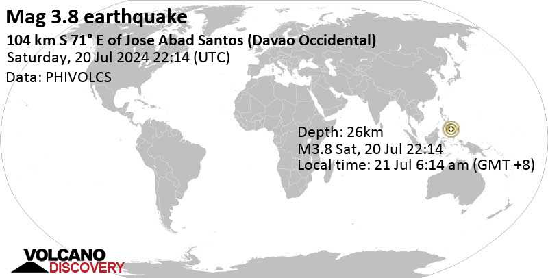 Gempa bumi berkekuatan 3,8 skala Richter – Laut Filipina, Sulawesi Utara, Indonesia, pada hari Minggu, 21 Jul 2024, pukul 06:14 WIB.